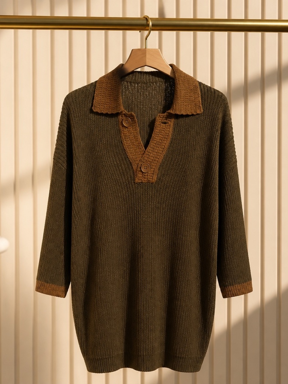 Zara Men’s Large Collared Short Sleeve V-Neck Sweater Olive & Tan Collar NWOT